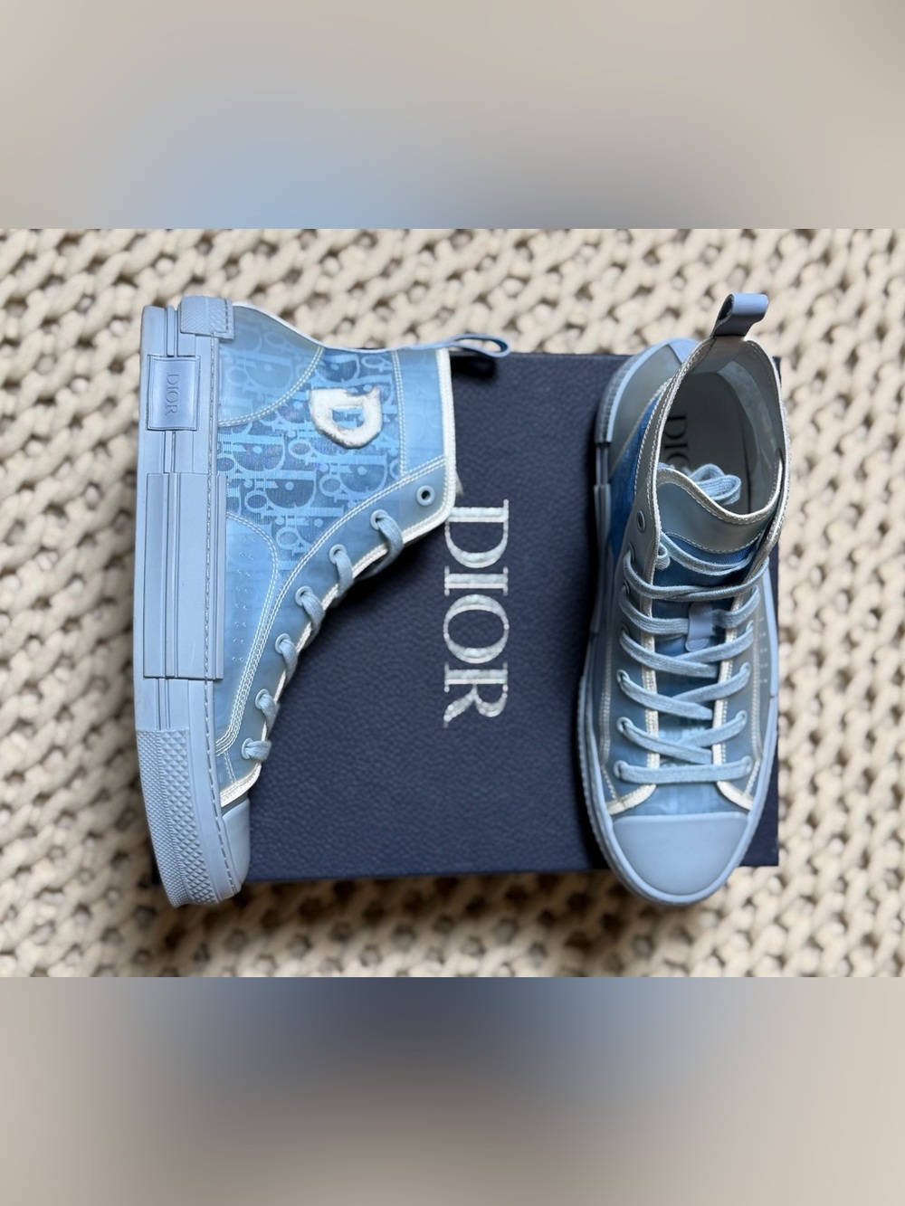 Dior X Daniel Arsham Men's High-Top B23 Sneakers in Light Blue Oblique Canvas